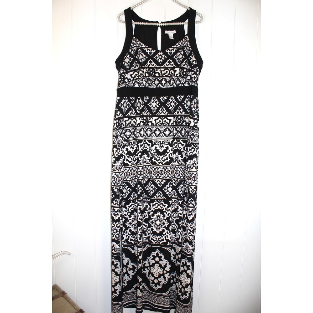 White House/Black Market Black/White/Tan Geometric Floral Print Maxi‎ Dress SZ L